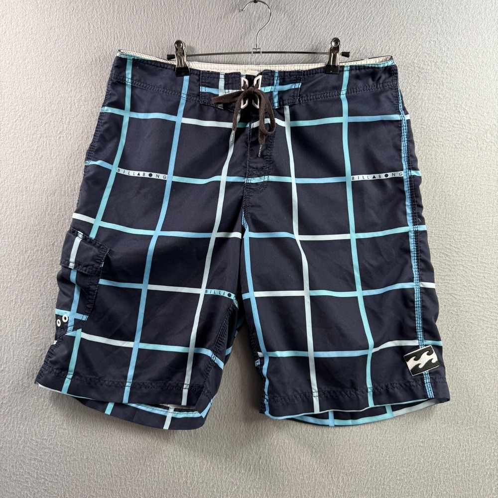 Vintage Billabong Board Shorts Mens 36 Blue Check Surf Beach Y2K Cargo